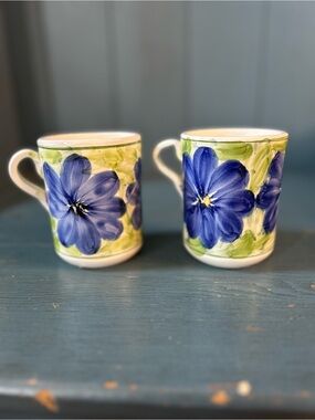Hand Crafted Blue Floral White Ceramic Mugs with Green Leaf Accents | Set of 2